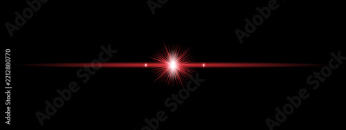 Red Horizontal Star Flare. Glowing Light Beam, Radiant Lens Effect, Minimal Red Energy Streak, Dark Background