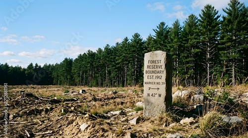Ancient carved stone boundary monument marking national forest border line on moss
