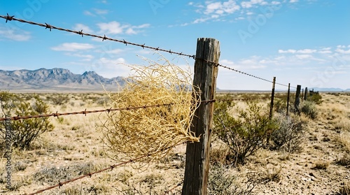 Dry desert tumbleweed resting against barbed wire fence at sunset