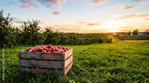 Rustic wooden harvest crate filled with fresh ripe red apples