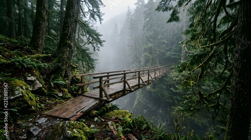 Wooden footbridge crossing over rushing rocky mountain stream