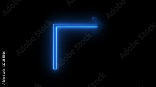Neon blue arrow icon blinking in simple geometric pattern on deep black background layout.