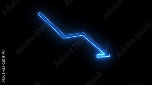 Neon blue arrow downward trend line animation on black background showing economic crash.