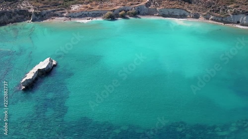 Aerial drone shot.View of famous beach in the summer, Crete, Greece. Famous beach with river and palm trees in Libyan sea. Tropical island, Panoramic view, Most beautiful beaches of Crete island