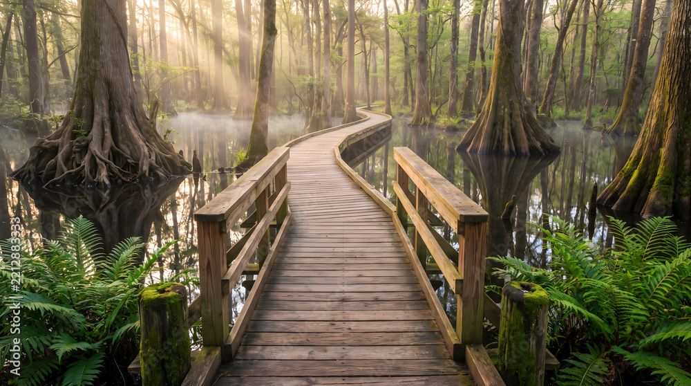 Fototapeta premium Wooden Footbridge Trail Through Misty Swamp Forest with Sunbeams