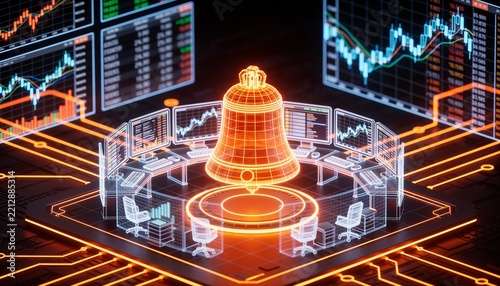 Isometric trading hall with glowing orange opening bell, holographic wireframe stock terminals and ticker screens in neon circuitry on dark backdrop, startup exit IPO public listing illustration