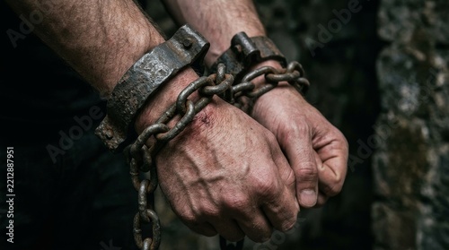 Closeup of Hands Bound by Heavy Chains.