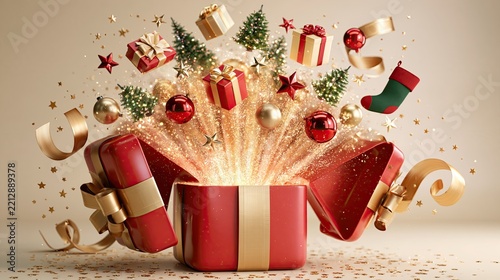 Christmas pop-up explosion, glossy red gift box with wide gold ribbon standing open at the bottom center,