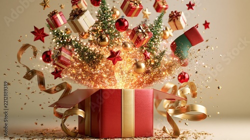 Christmas pop-up explosion, glossy red gift box with wide gold ribbon standing open at the bottom center,