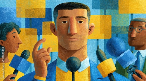 Graphic illustration of a man in front of a microphone being interviewed.