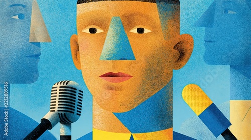 Graphic illustration of a man in front of a microphone being interviewed.