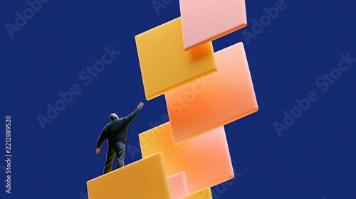 Graphic illustration of a person climbing abstract blocks, representing economic and career advancement and professional success.