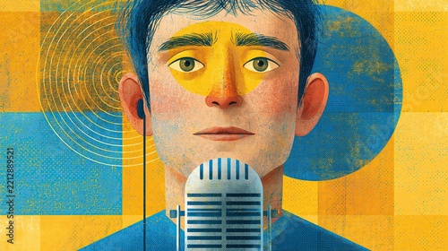 Graphic illustration of a man in front of a microphone being interviewed.