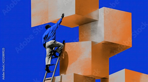Graphic illustration of a person climbing abstract blocks, representing economic and career advancement and professional success.