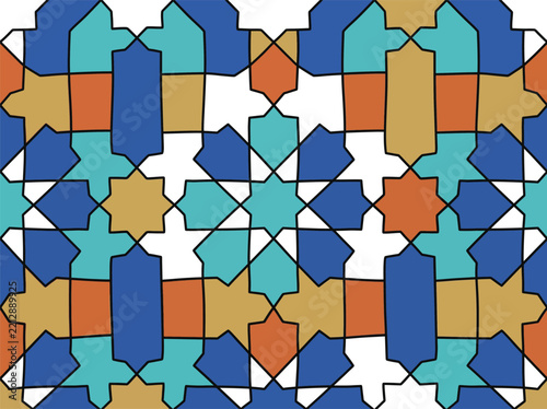Intricate islamic geometric pattern with blue and orange hues