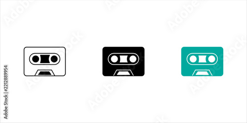 Minimalist black outline cassette tape icon set. representing vintage music, analog audio recording, retro media, and classic entertainment.