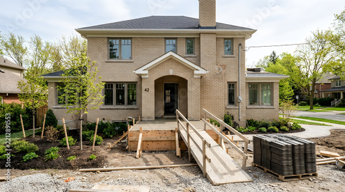 Brick house exterior renovation with wooden ramp construction and landscaping materials in suburban