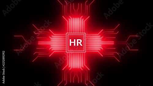 HR digital concept with glowing red circuit board lines on black background