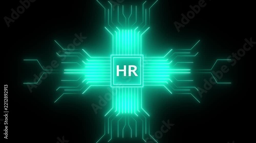 HR digital concept with glowing cyan circuit board lines on black background