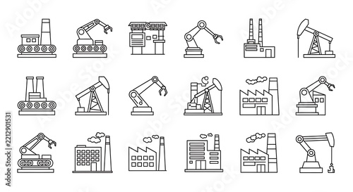 Collection of industrial machinery and factory equipment vector icons