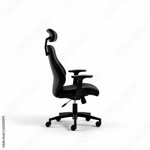 Ergonomic office chair sideways view for back pain relief, supportive adjustable seating with headrest and armrests on white background