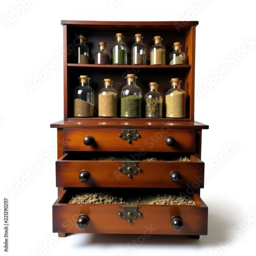 Vintage wooden medicine chest with open drawers displaying herbs and antique glass bottles on white background