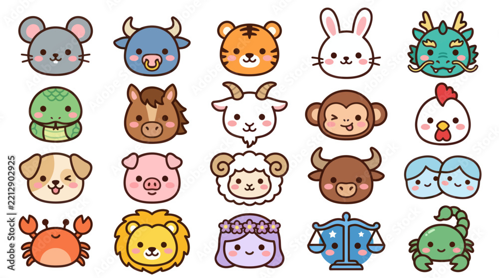 Fototapeta premium Cute animal zodiac icons