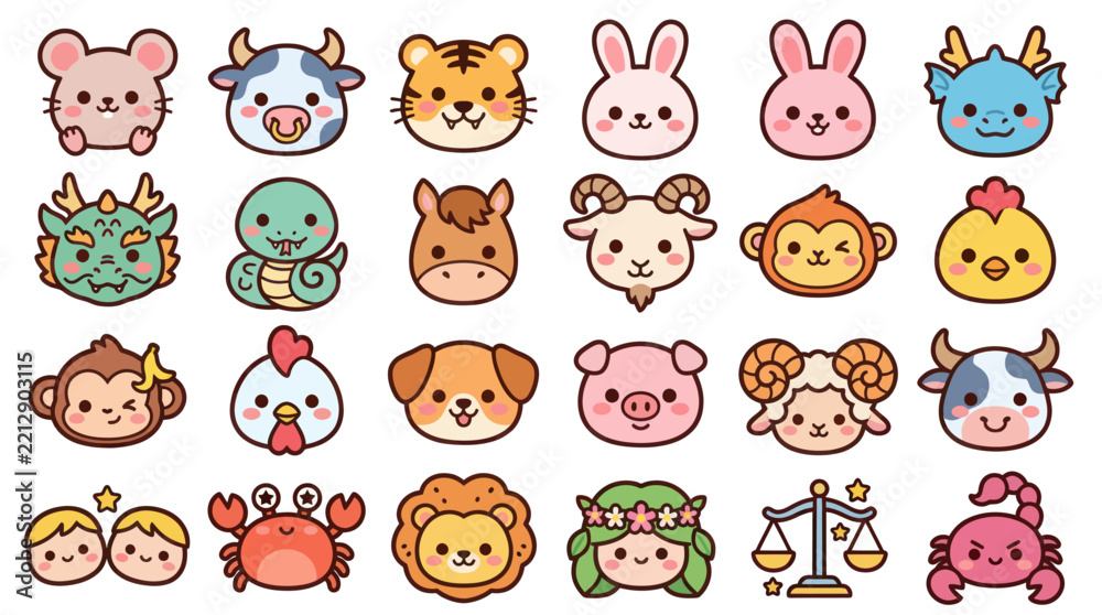 Fototapeta premium Cute animal zodiac icons
