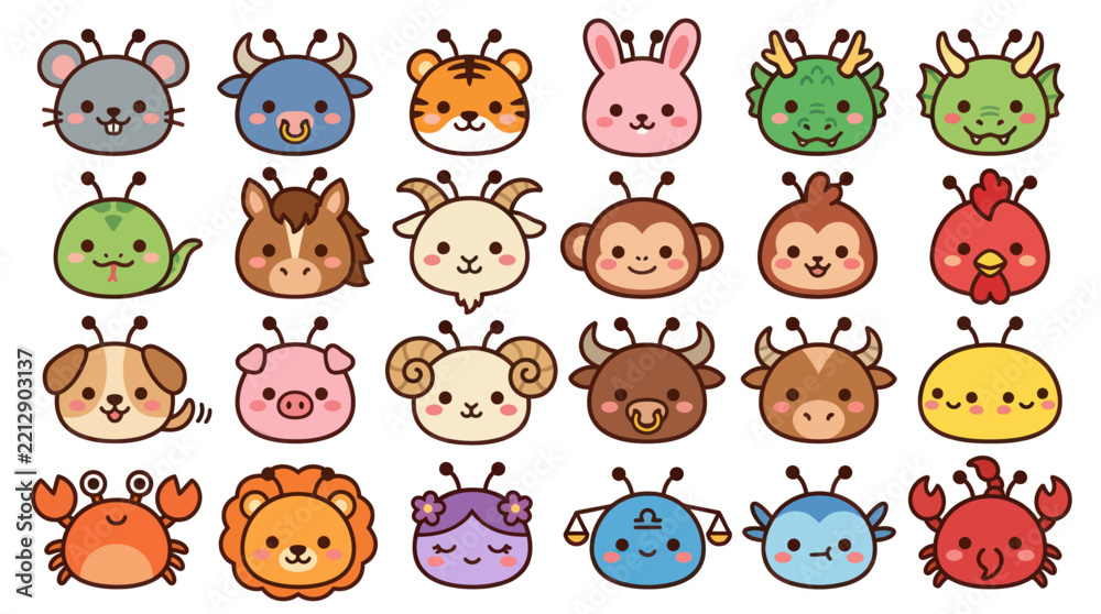 Obraz premium Cute animal zodiac icons