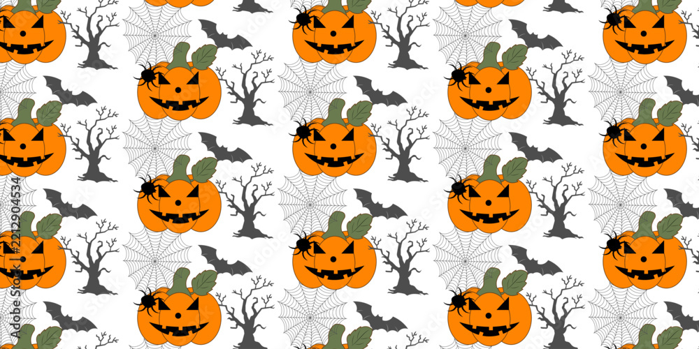 Obraz premium Spooky Halloween repeat pattern vectors background. Orange Jack-o-lantern pumpkins, spiderwebs, bats, and creepy trees continuous wallpaper template for holiday wrapping paper or party decor