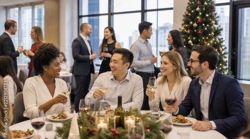Colleagues celebrating corporate Christmas holiday dinner