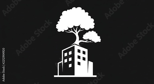 Tree growing out of a modern building illustration