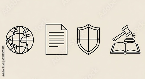 Flat icons set of globe, document, shield, and gavel on book