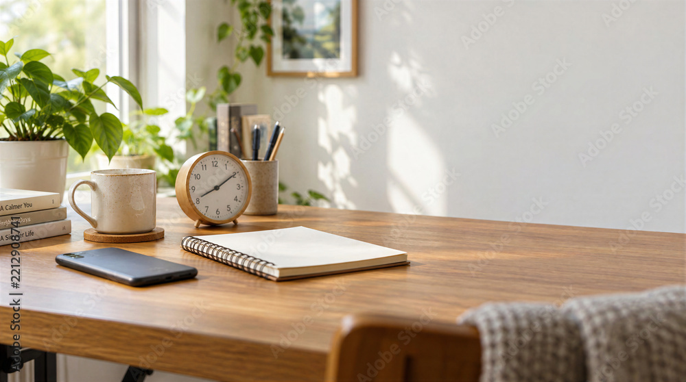 Fototapeta premium Cozy home workspace with a coffee break and analog clock