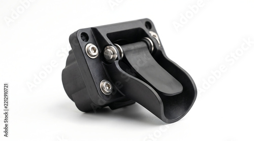  Macro studio shot of a black plastic waste water drain box scupper with flapper valve component designed for commercial espresso coffee machines isolated over a bright pure white background space.