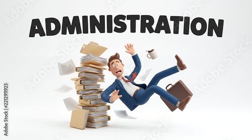 Stressed 3d Cartoon Businessman Falling Amid Flying Papers with Administration Text