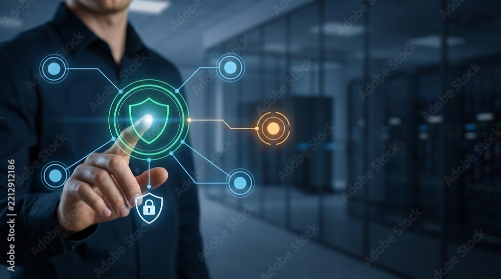 Obraz premium A male analyst interacts a digital cybersecurity interface in a high tech data storage facility dashboard monitor security with copy space