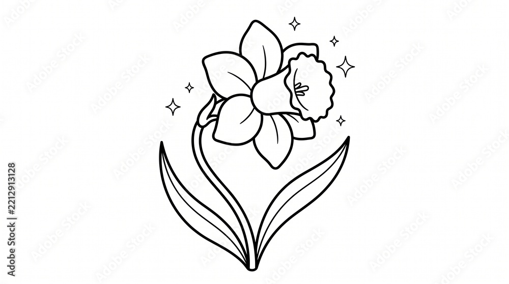 Fototapeta premium Daffodil flower black and white line art drawing with glowing stars