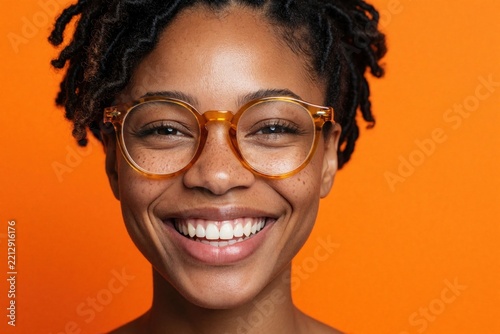 Smiling young African American woman with dreadlocks wears round orange glasses. Cute geek girl shows happy expression on bright orange background. Close up portrait of black female student with