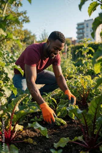 Smiling African man works in urban community garden. Adult male wears orange gloves, harvests organic vegetables from soil. Sustainable lifestyle hobby in city allotment. Healthy homegrown produce