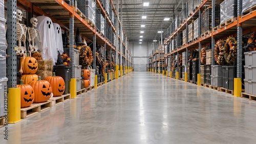 Halloween props stored on racks beside a clear warehouse aisle