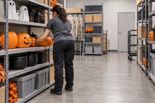 Worker arranging Halloween pumpkin props on a storage shelf