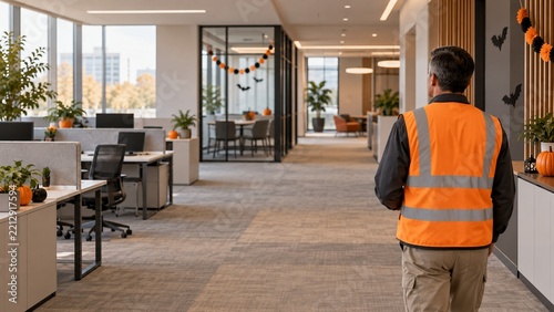 Worker inspecting Halloween decorations in an open plan office
