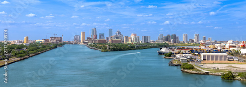 Tampa downtown skyline looking over Garrison Channel and Harbor Island residential roofs