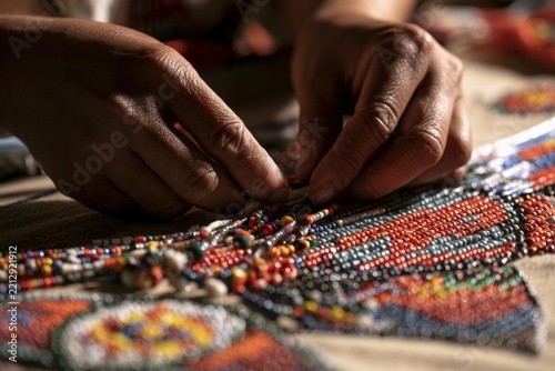 Hands placing tiny colored beads on traditional Indigenous beadwork canvas