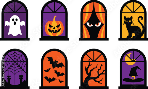 Halloween Themed Window Decorations With Spooky Illustrations