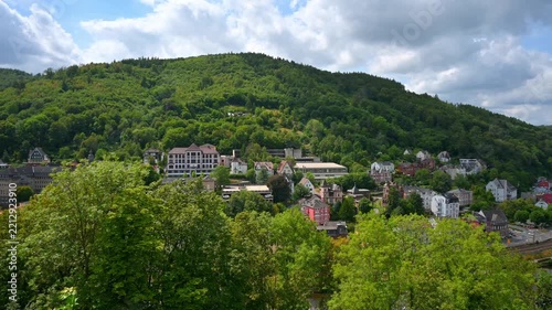 Panoramic view of a small town nestled in a lush green valley with forested hills in Germany