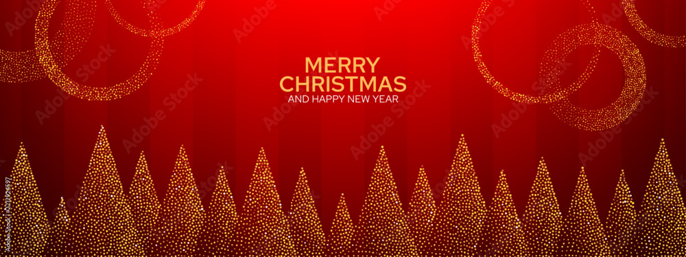 Fototapeta premium Merry Christmas and Happy New Year greeting with dotted tree silhouettes and ornament patterns. Christmas and New Year celebration. Seasonal greeting card design.