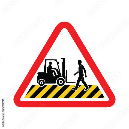 Vector graphic illustration of a red and white triangular safety warning sign featuring a black silhouette of a forklift truck and a pedestrian walking on a striped crosswalk