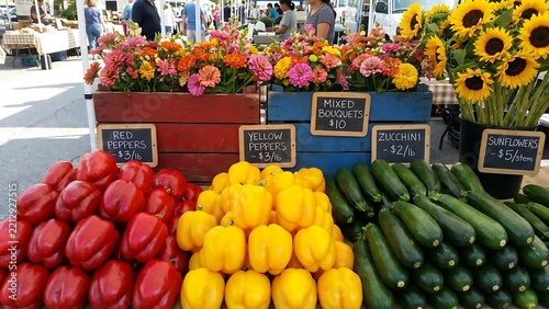 Fresh red bell peppers, yellow bell peppers, and green zucchinis are displayed in wooden crates at a farmers market with colorful flower bouquets